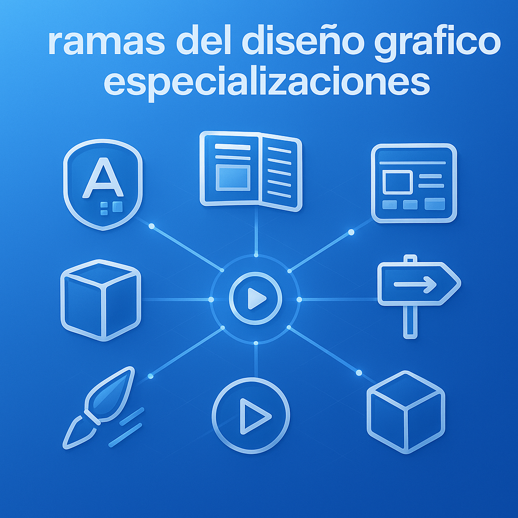 Professional blog header illustrating eight core specializations in modern graphic design, featuring interconnected icons on a clean, tech-inspired blue gradient background with bold headline text.