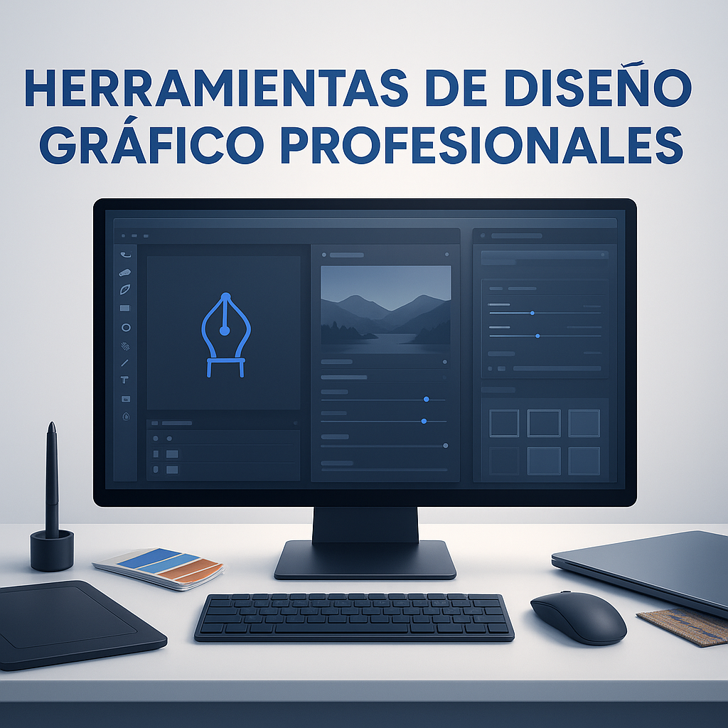 Header image showing a modern digital workspace with advanced creative software and tools, ideal for professional visual communication and design in Latin America, featuring a sleek, tech-inspired atmosphere.