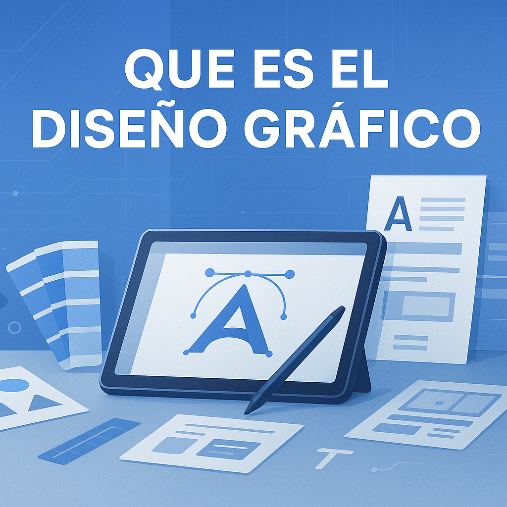 Hero image for a corporate blog about visual communication, showing a modern digital workspace with creative tools, blue branding accents, and a bold text overlay explaining the fundamentals of visual design.