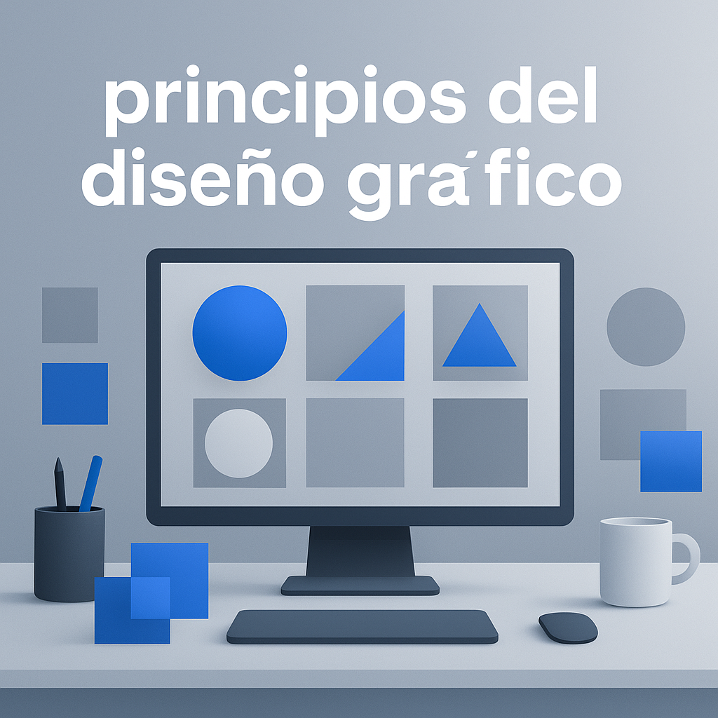 Header image illustrating core visual rules in graphic composition, featuring abstract geometric shapes and a modern workspace, styled with blue accents and tech-inspired ambiance for a professional design article.