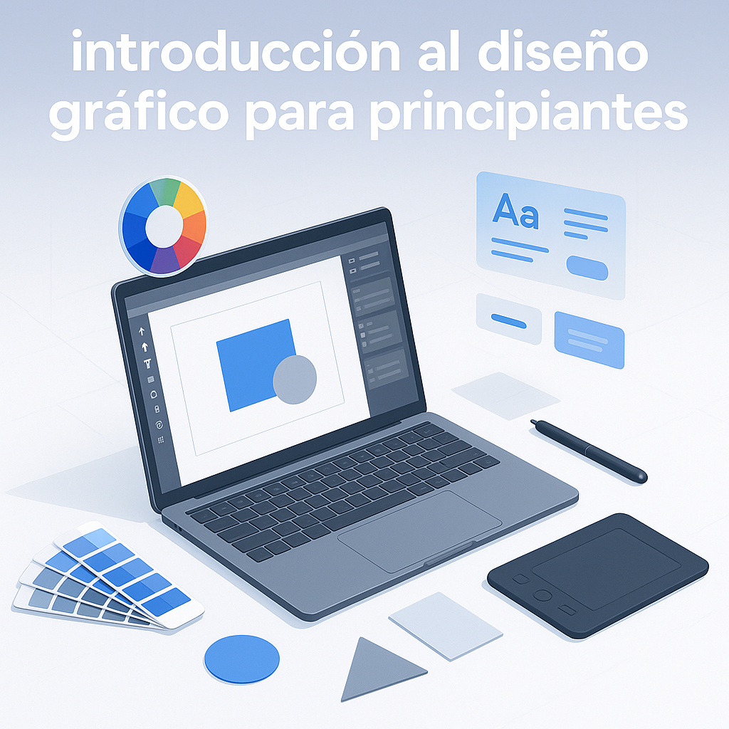 Blog header illustration depicting a modern workspace with digital design tools, color palettes, and creative elements, introducing visual communication basics for newcomers, styled with SearchAtlas brand colors.