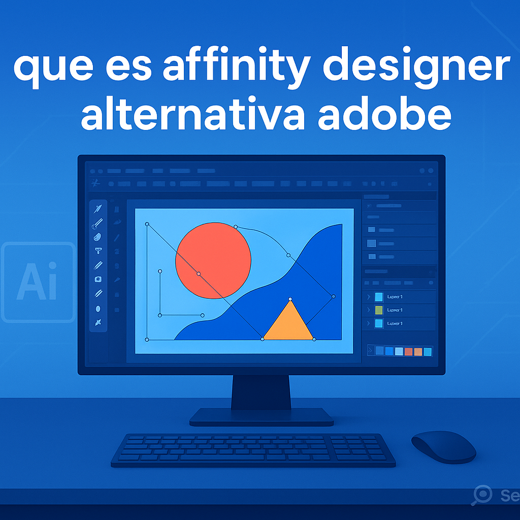 Professional blog header illustrating a modern graphic design workspace highlighting Affinity Designer as a top creative tool, with corporate tech vibes and SearchAtlas branding colors.