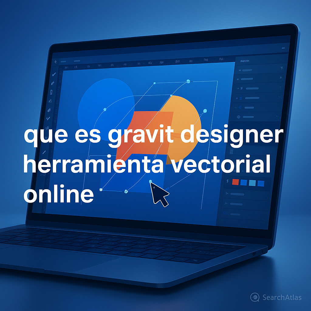 Header image showing a modern computer displaying a vector design interface, with bold Spanish text about online graphic design tools, set against a clean blue-themed tech background and SearchAtlas branding.