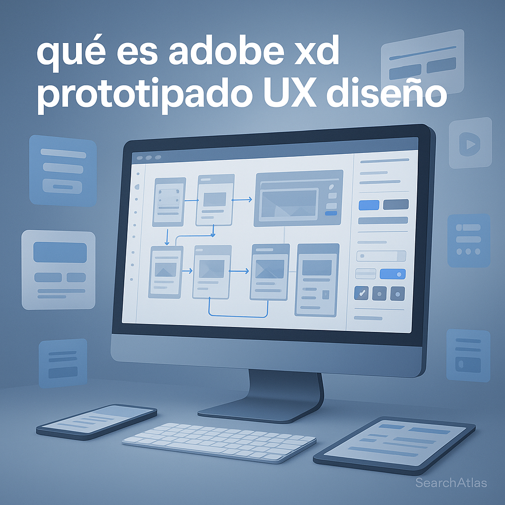 Featured blog header image showing a modern digital workspace with Adobe XD interface, illustrating user experience prototyping and interface design concepts, in corporate blue tones and professional tech style.