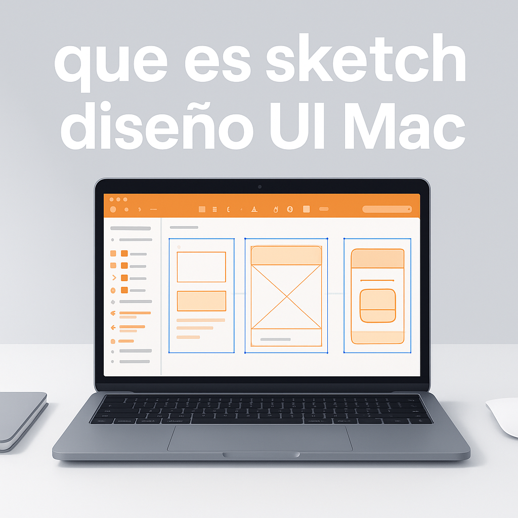 Featured blog header image showing a modern MacBook Pro on a minimalist desk, with a digital UI design app open, evoking creative interface design work in a MacOS environment, styled in corporate blue and orange tones.