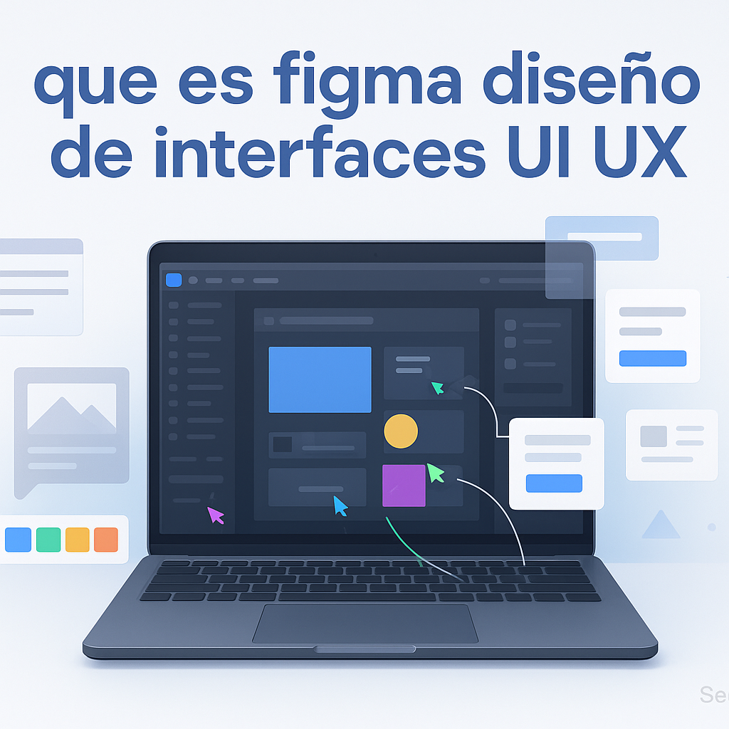 Header image showing a modern workspace with a laptop displaying collaborative interface design tools, abstract blue tech accents, and bold text about Figma and user experience design, styled for a professional technology blog.