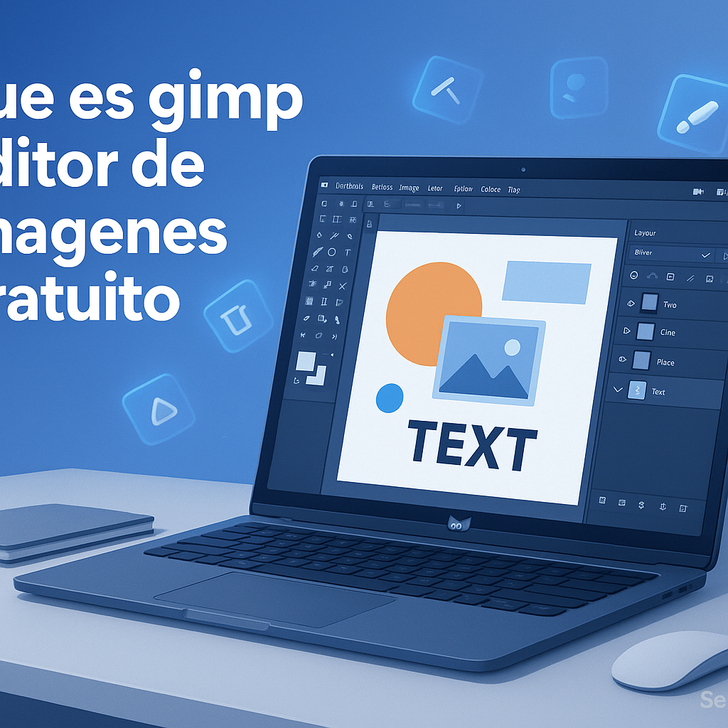 Professional blog header illustration showing a modern workspace with a laptop running open-source photo editing software, creative tool icons, and a clean blue tech background, highlighting free digital design tools for Spanish-speaking users.