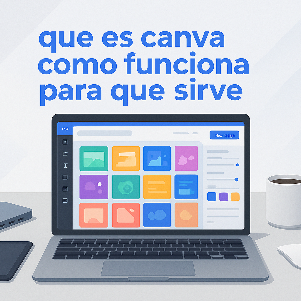 Hero image illustrating an online graphic design tool workspace, featuring a modern laptop displaying customizable templates, vibrant interface, and digital creativity tools, set in a corporate tech environment with SearchAtlas branding.