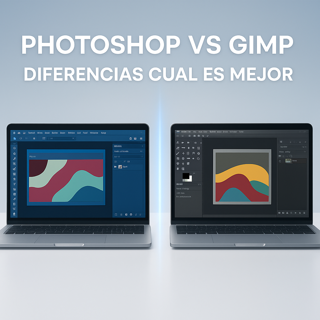 Professional blog header image showing a side-by-side visual comparison of Photoshop and GIMP interfaces on laptops, symbolizing a detailed analysis of photo editing software options for creative professionals and students.