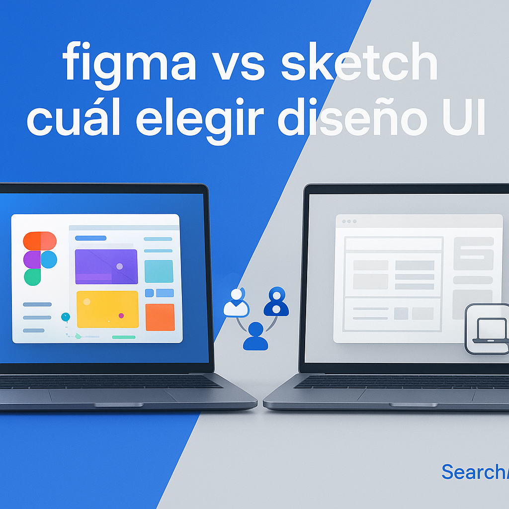 Header image for a professional blog post comparing leading UI design software, featuring two laptops displaying Figma and Sketch interfaces on contrasting backgrounds with modern branding and clear, engaging visuals.