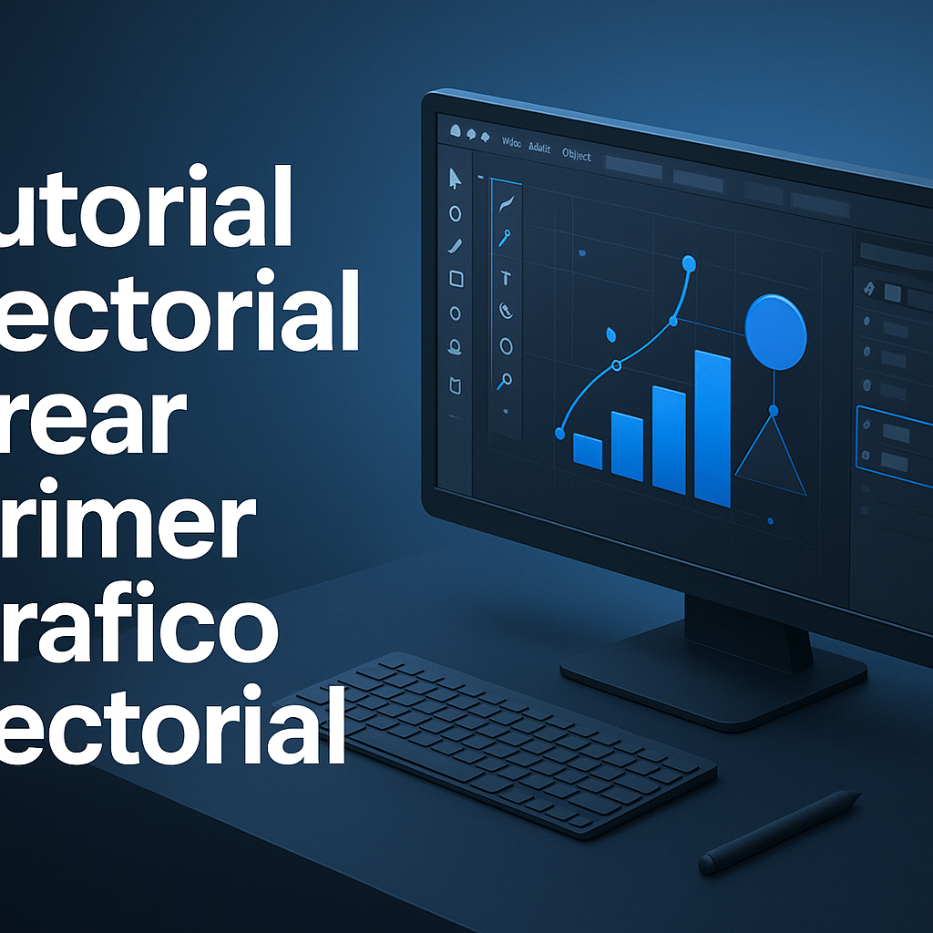Professional blog header illustration showing a modern vector graphics workspace in a tech-inspired, isometric style. The design features a step-by-step vector chart creation on a computer monitor, with geometric shapes, anchor points, and UI elements highlighted in blue, set against a clean gradient background. Headline text is displayed prominently, with a subtle brand watermark, ideal for a Latin American design tutorial audience.
