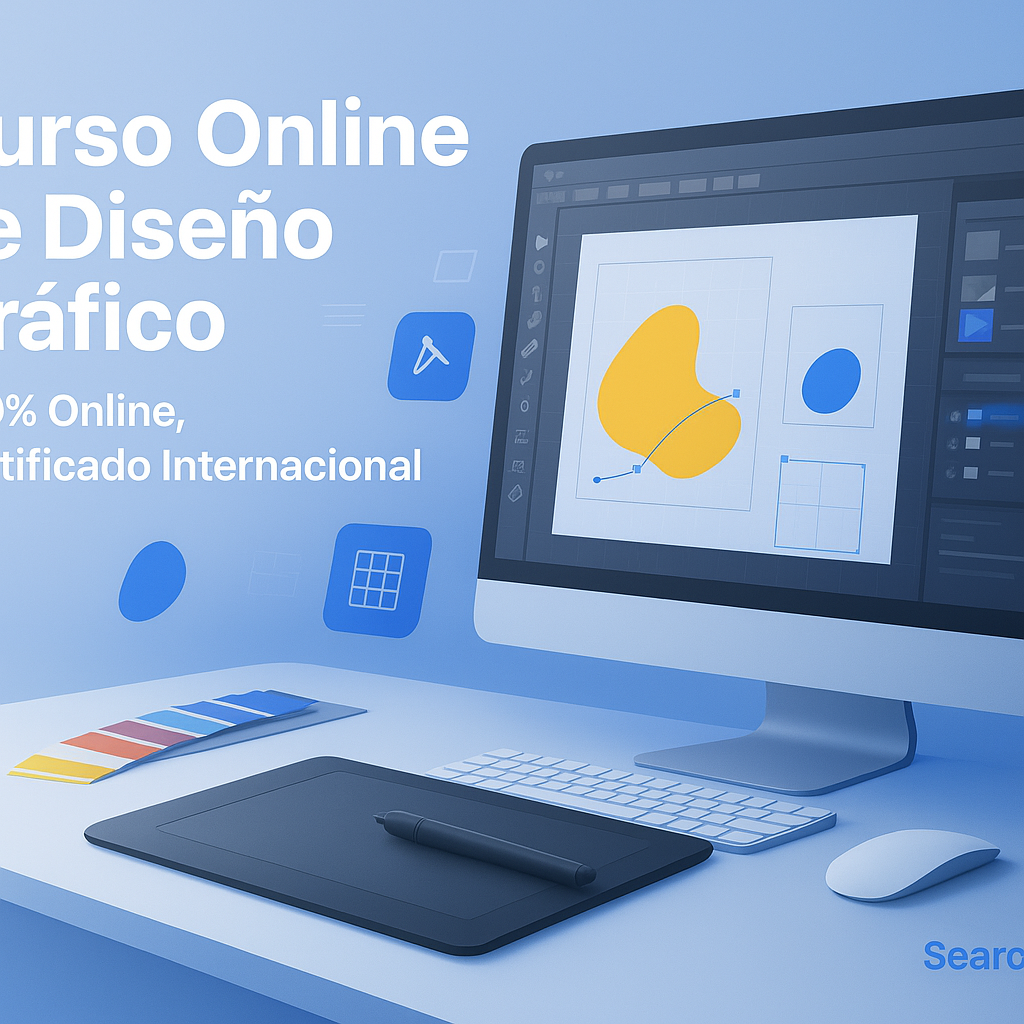 Header image featuring a modern workspace with graphic design tools and a computer, representing a virtual graphic arts certification program, styled in blue corporate tones for a professional online learning platform.