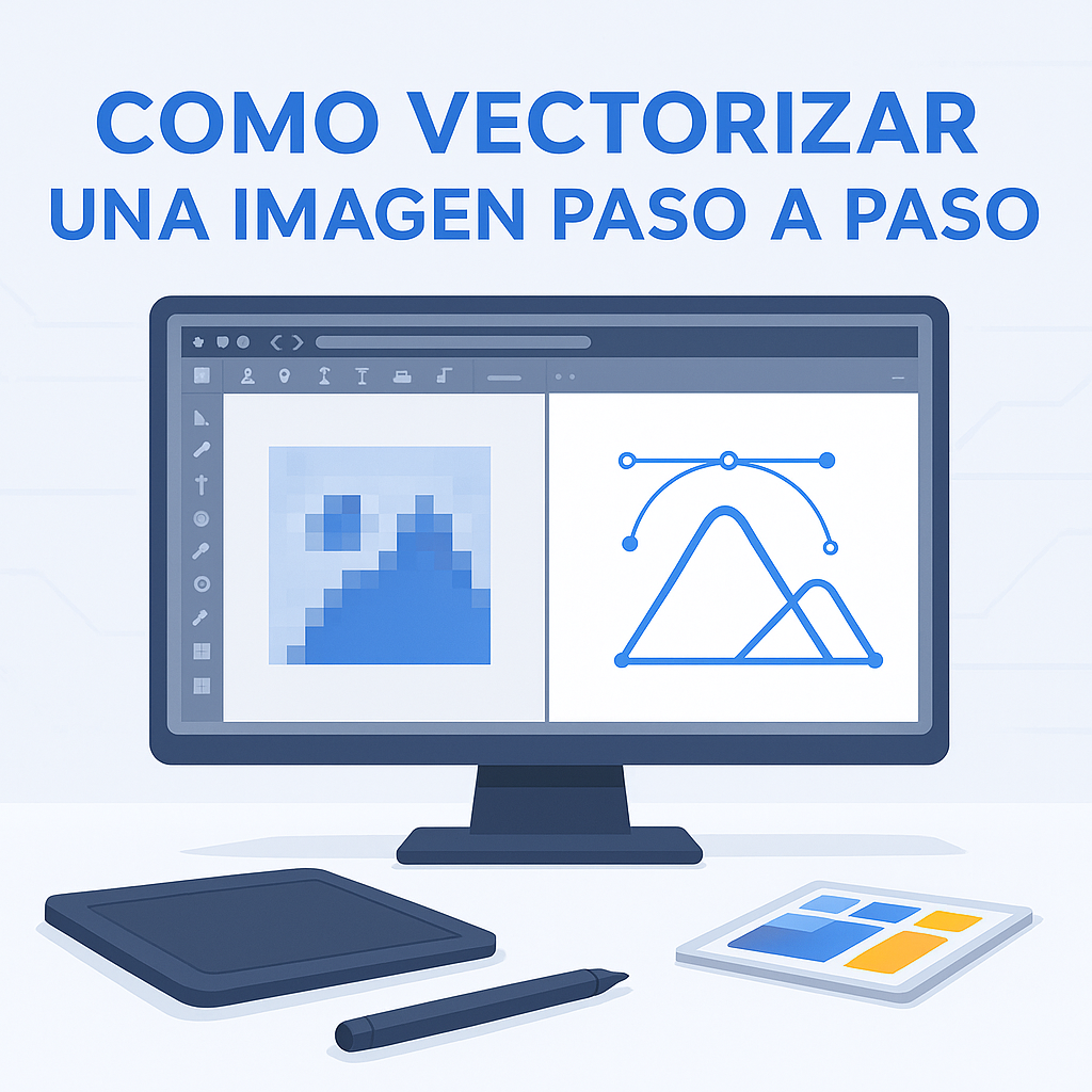 Professional blog header featuring a modern workspace and digital vector editing interface, illustrating the transformation from raster to scalable graphics for Latin American designers