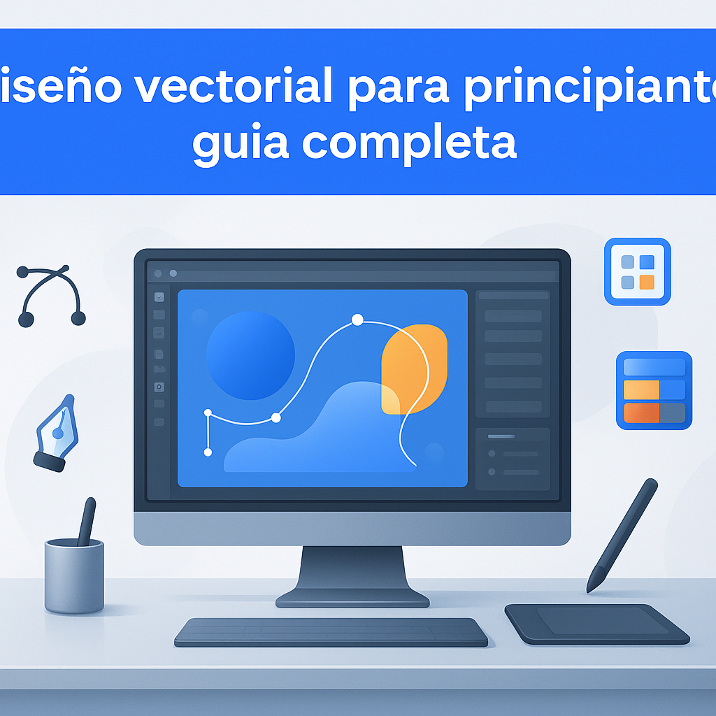 Header image showing a modern digital workspace with vector graphics tools and geometric shapes, designed for an introductory guide on scalable graphic design techniques, using a tech-inspired color scheme and SearchAtlas branding.