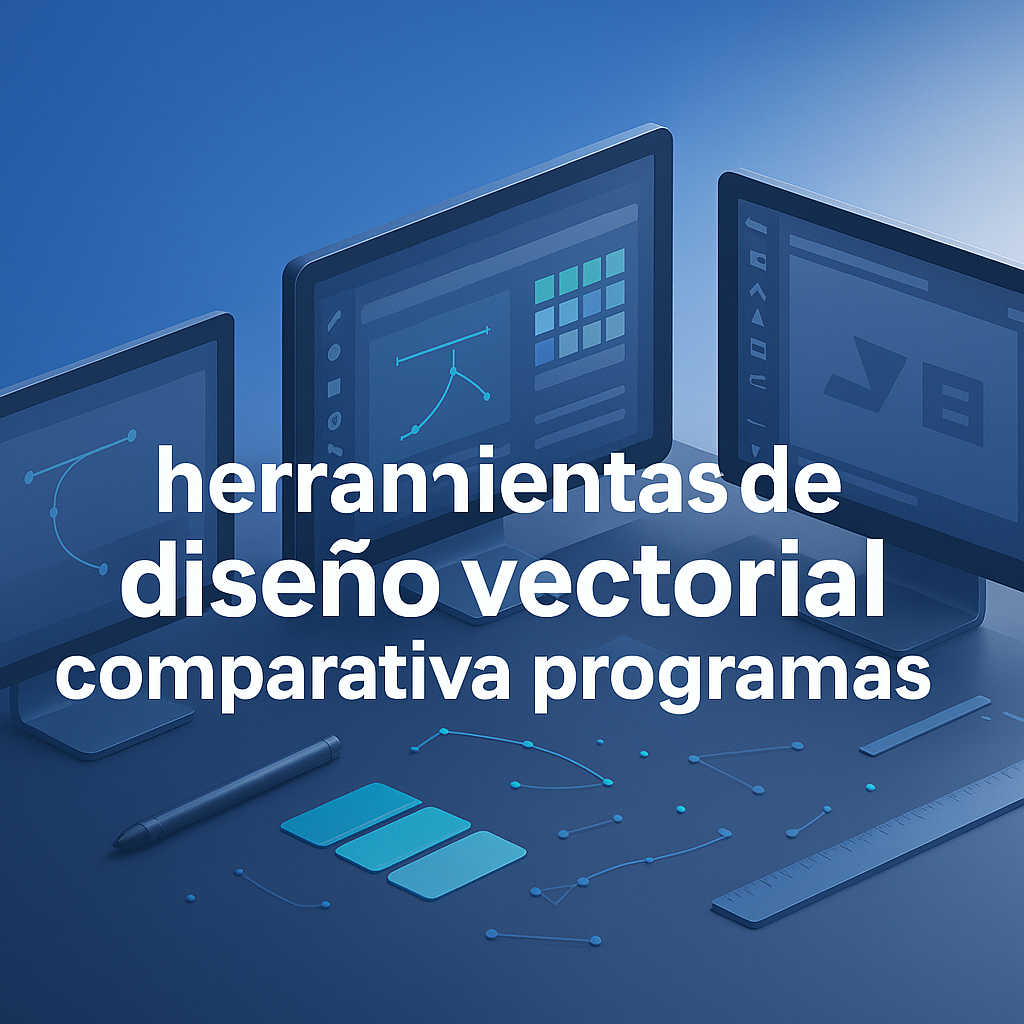 Featured blog header showing a modern isometric workspace with multiple screens displaying vector graphic software interfaces, designer tools, and a bold title overlay, highlighting a comprehensive review of vector graphics design tools for creative professionals.