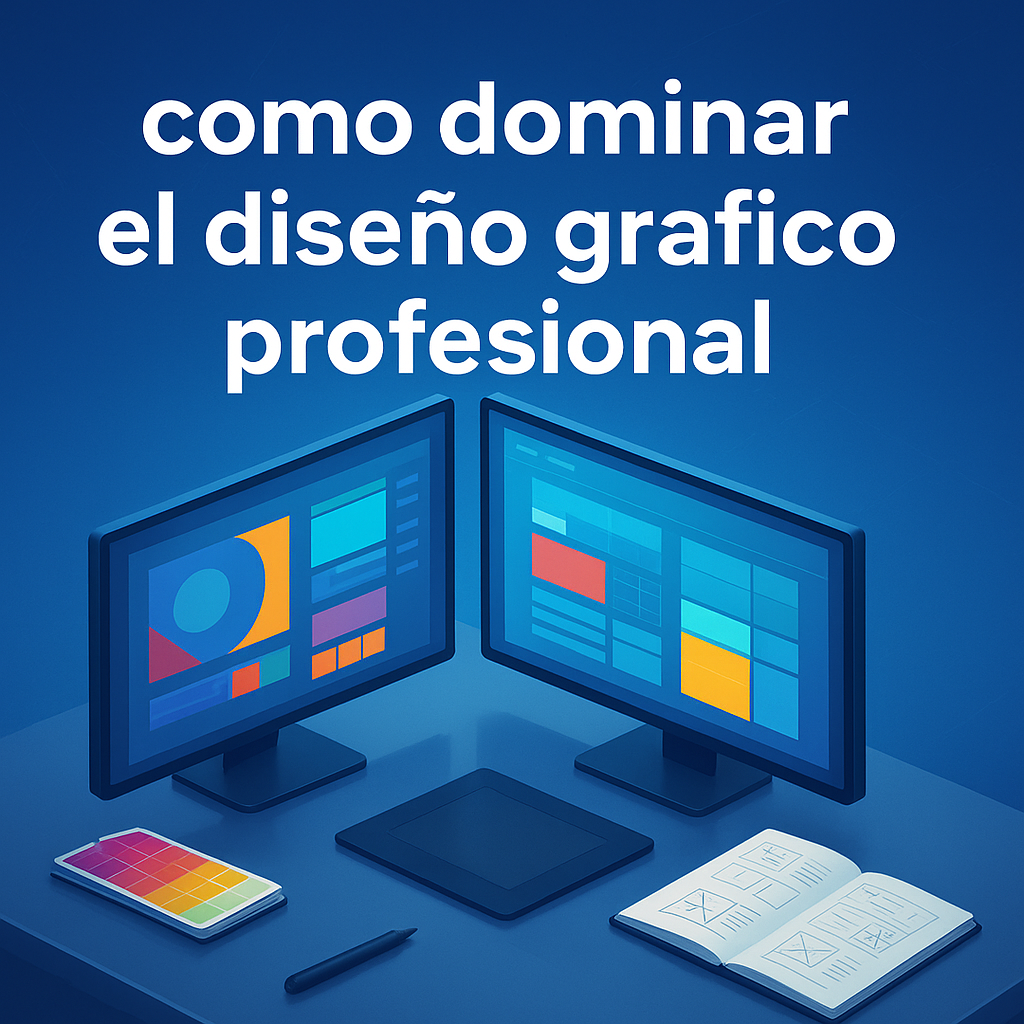 Header image illustrating advanced visual communication skills at a modern workstation, featuring digital creative tools and vibrant project screens, ideal for a Spanish-language guide on expert graphic design techniques.