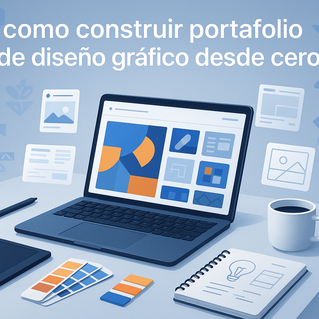 Blog header image showing a creative digital workspace with design tools, modern laptop displaying a portfolio, and vibrant Latin American-inspired accents, all in a polished blue and white tech style for a professional design portfolio guide.