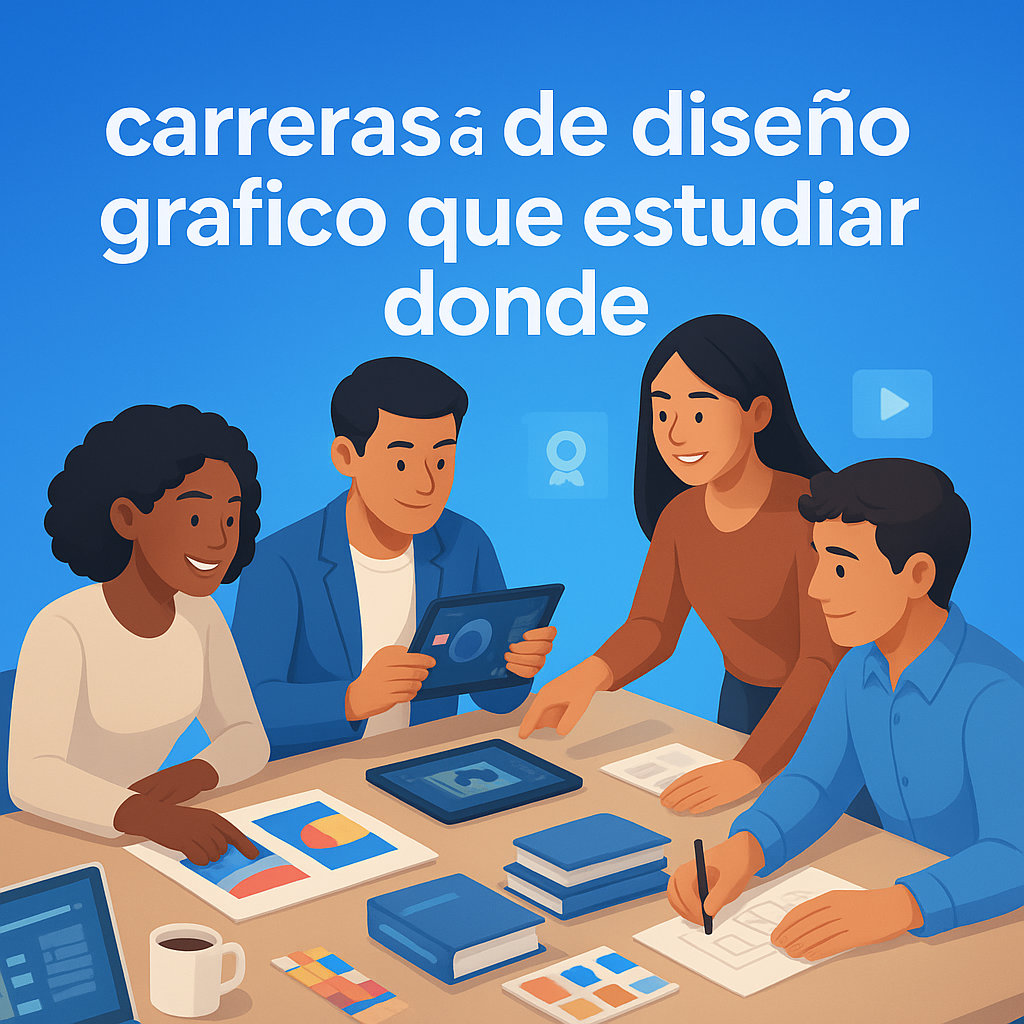 Professional blog header featuring students exploring graphic design study options at Latin American universities and online, with digital devices and creative tools on a modern blue tech background.
