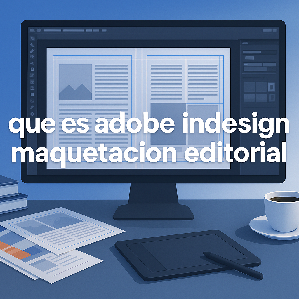 Professional blog header image depicting a modern workspace with Adobe InDesign open on a monitor, editorial layout elements, and clean corporate tech design in blue tones, representing editorial design software use in publishing.