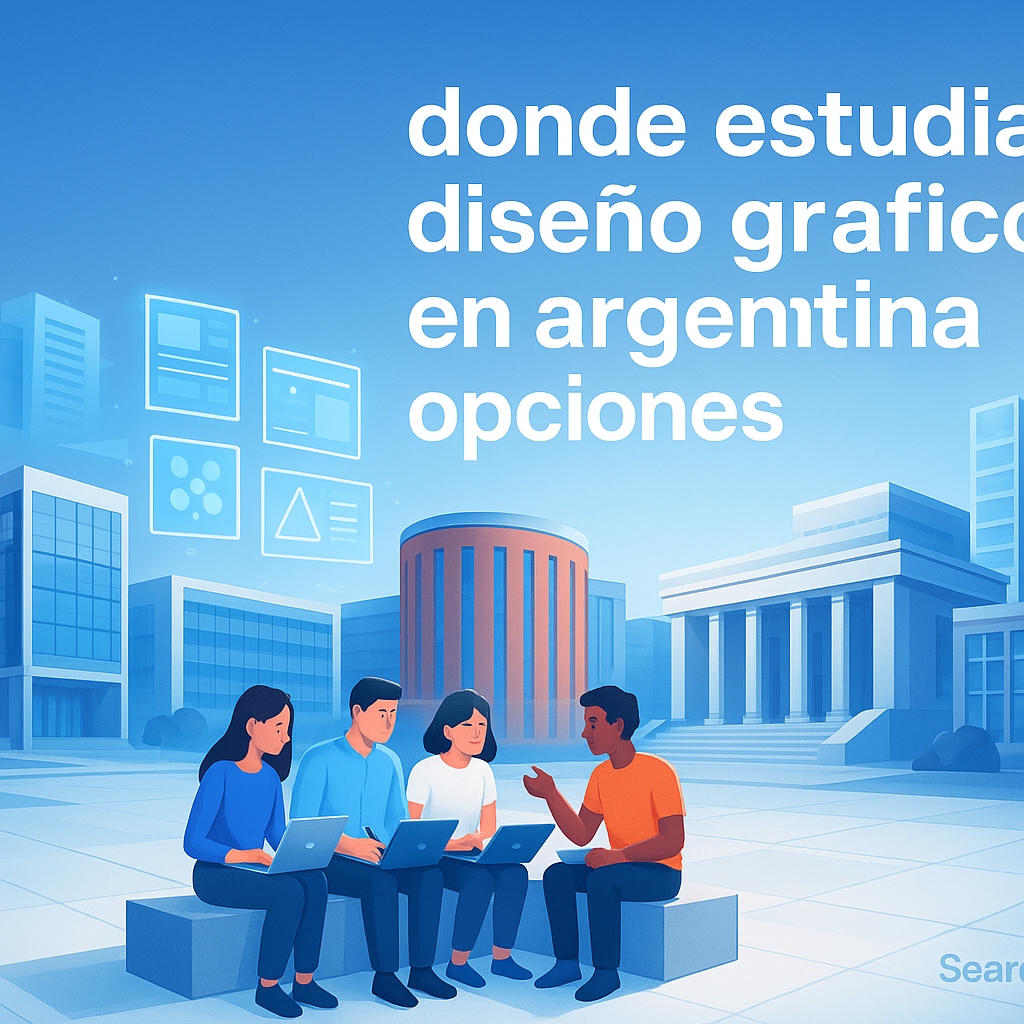 Header illustration showing Argentine university buildings and students engaged in creative digital work, representing options for studying visual communication in Argentina, with a clean, tech-inspired design and SearchAtlas branding.