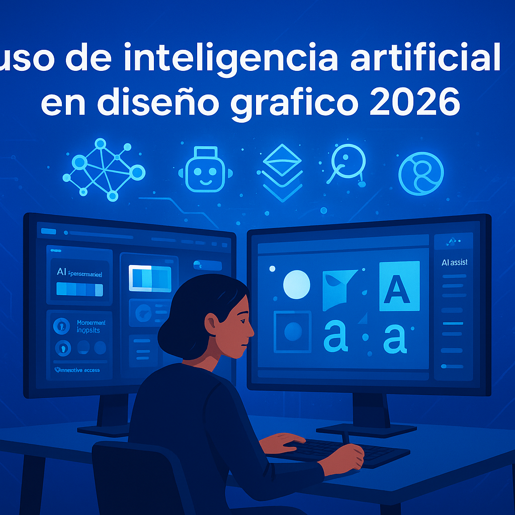 Professional digital illustration showing a Hispanic graphic designer using futuristic AI tools at a modern workstation, set against a blue tech-inspired background, for a 2026 design technology trends article.