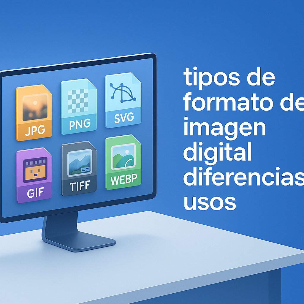 Header image showing a modern digital workspace with multiple image file icons (JPEG, PNG, SVG, GIF, TIFF, WEBP) on a clean blue tech background, visually representing differences and uses of digital picture formats for design professionals.