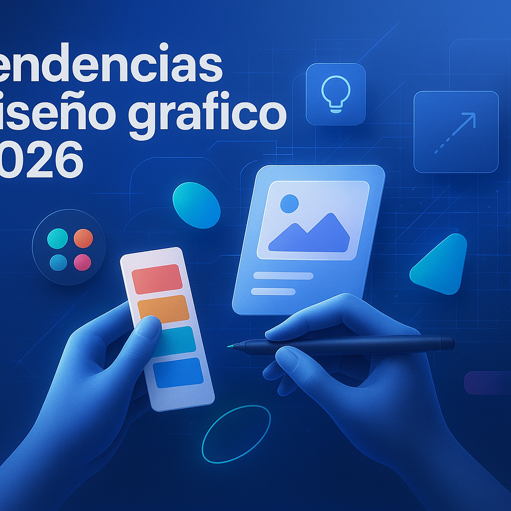 Header illustration showcasing innovative visual design techniques and future workspace concepts for creative professionals in Latin America, featuring bold blue tones, abstract digital elements, and modern typography.