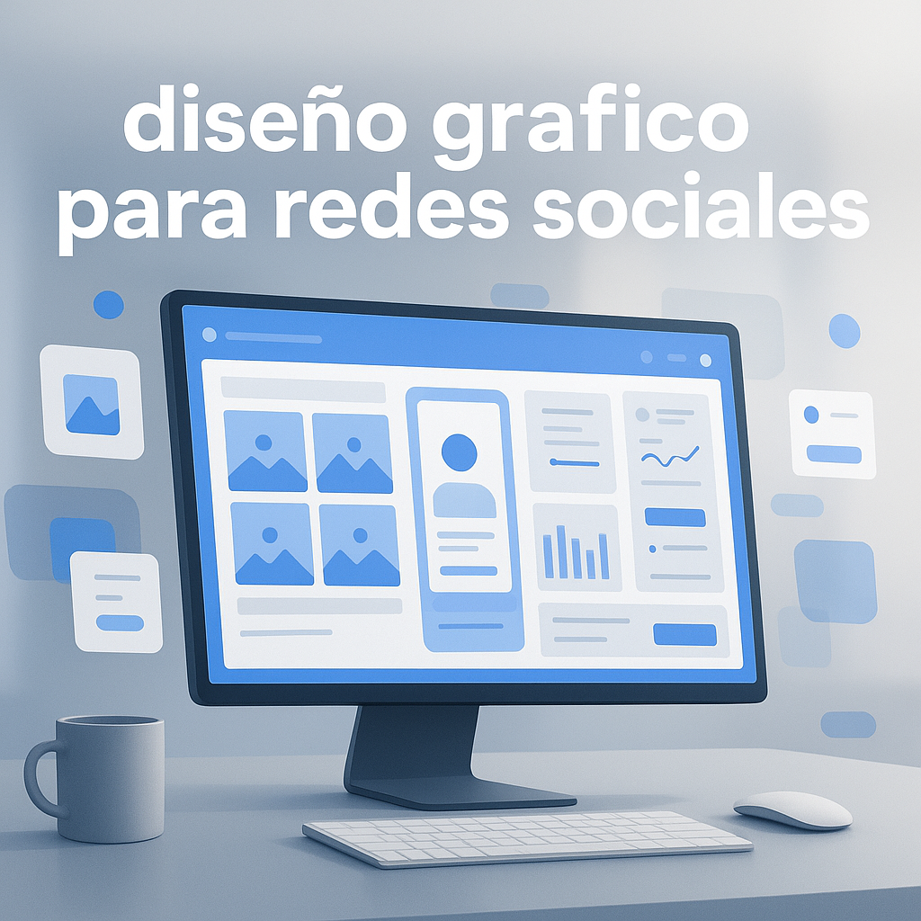 Corporate tech-themed digital illustration featuring a modern workspace with vibrant social media visuals, dynamic content creation tools, and engaging UI elements, conveying expert branding strategies for online platforms.