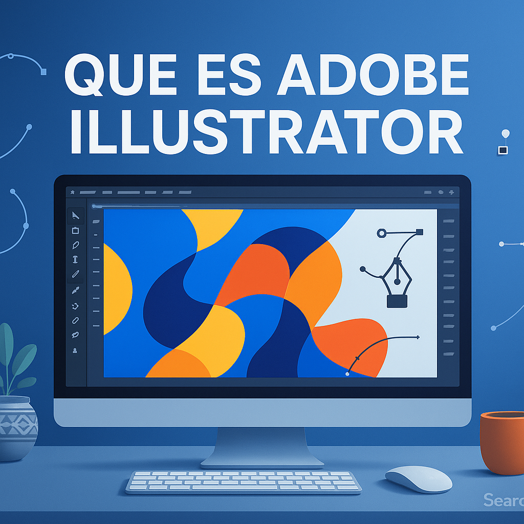 Professional blog header illustration showing a digital workspace with vector graphics tools, computer monitor, and creative design elements, representing advanced vector art software for graphic designers in Latin America. Modern blue tones and clean composition highlight digital creativity and corporate style.