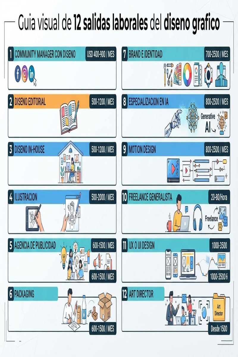 Infografía: 12 salidas laborales del diseño gráfico ordenadas por rango salarial en LATAM (USD por mes)