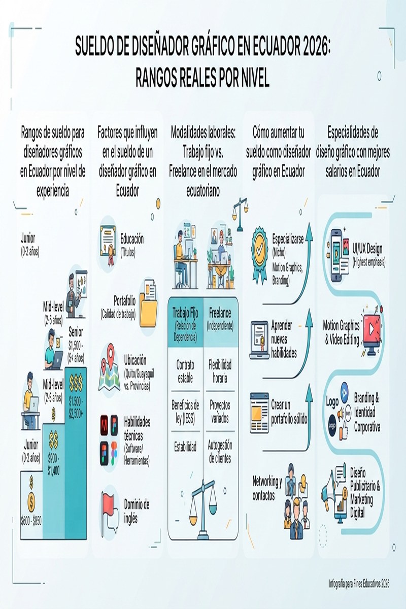 Infografía: Sueldo de Diseñador Gráfico en Ecuador 2026: Rangos Reales por Nivel