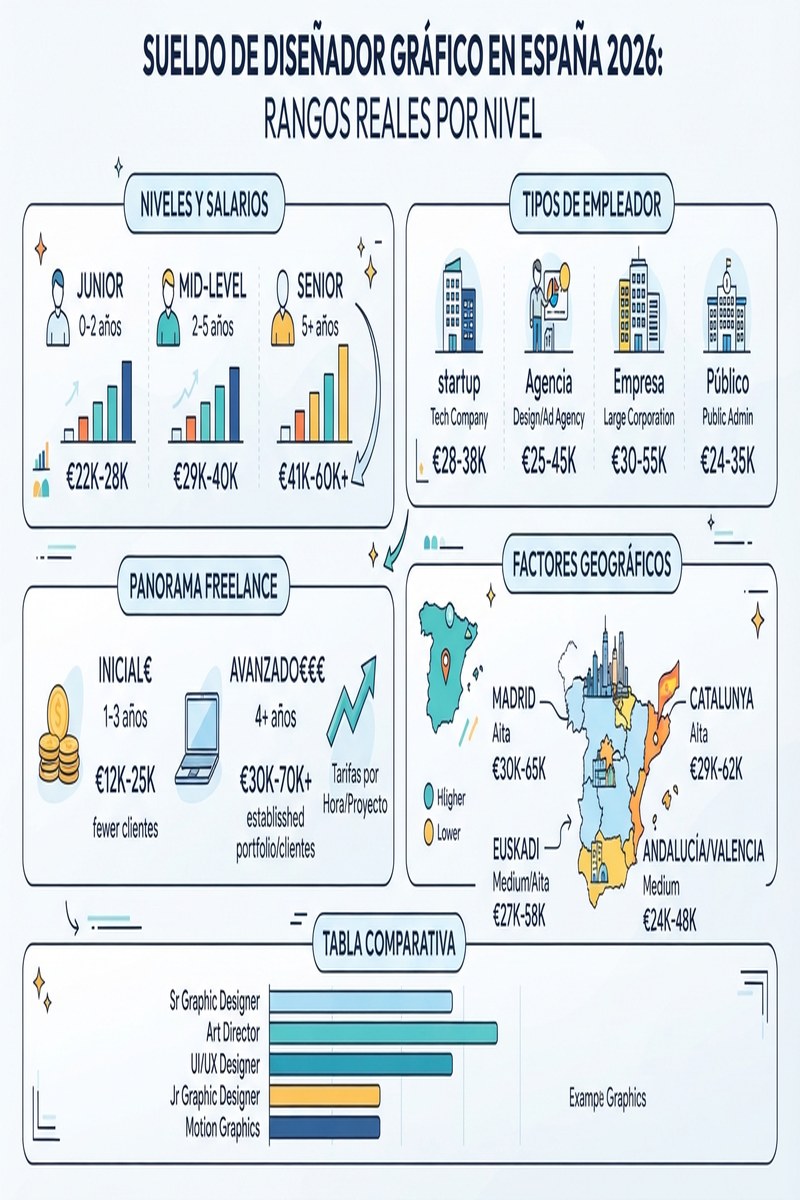 Infografía: Sueldo de Diseñador Gráfico en España 2026: Rangos Reales por Nivel