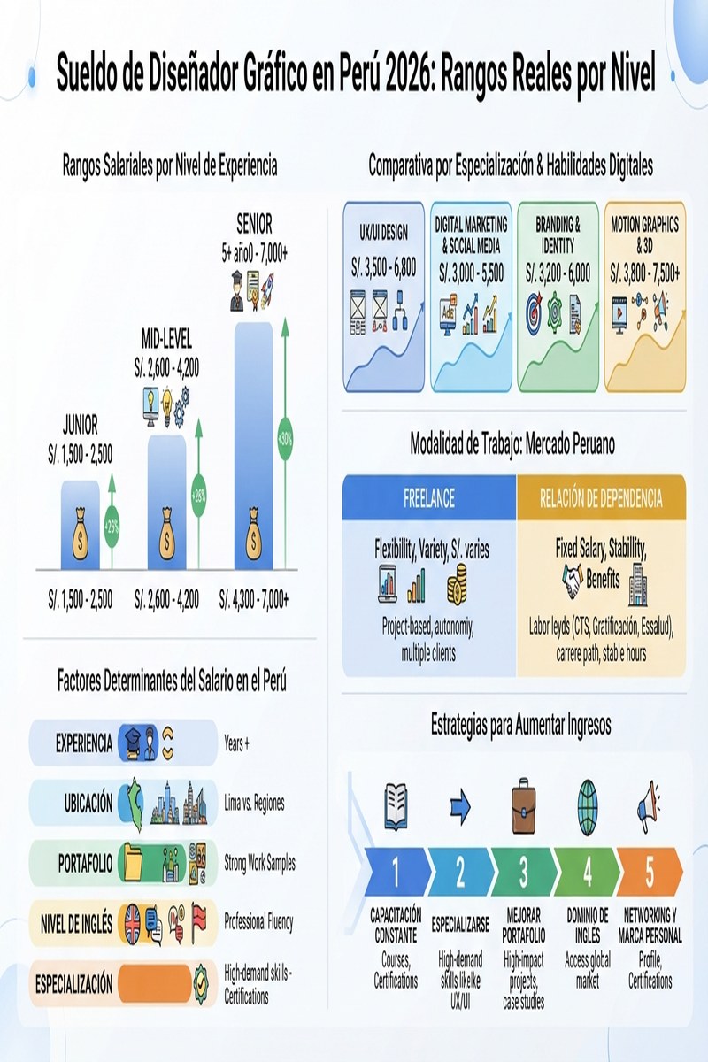 Infografía: Sueldo de Diseñador Gráfico en Perú 2026: Rangos Reales por Nivel