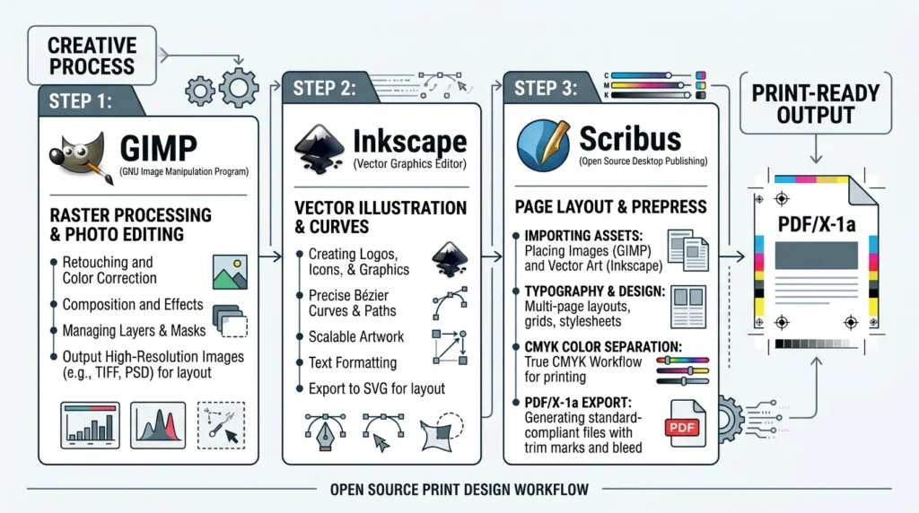 Diagrama de flujo de preprensa con software libre: procesamiento raster en GIMP, vectorización en Inkscape y maquetación y separación CMYK en Scribus hacia PDF/X