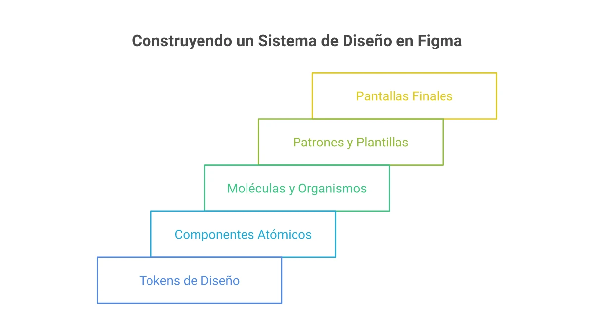 Infografía oficial Napkin AI sobre la jerarquía de un sistema de diseño en Figma: tokens, componentes, moléculas, plantillas y prototipado