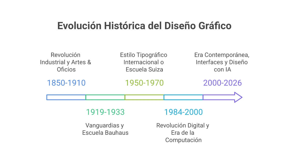 Línea de tiempo histórica del diseño gráfico: desde la Revolución Industrial, Bauhaus y Escuela Suiza hasta la era digital e inteligencia artificial