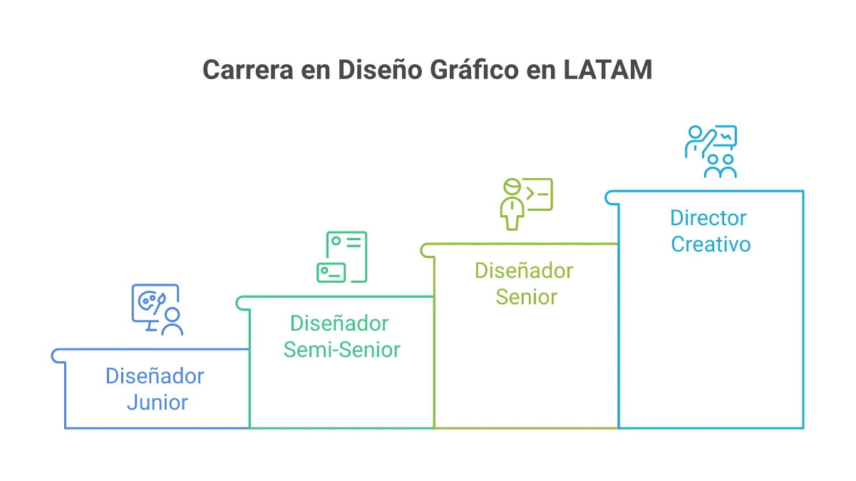 Infografía oficial Napkin AI sobre la escala de sueldos y tarifas de diseño gráfico en Latinoamérica según nivel de experiencia